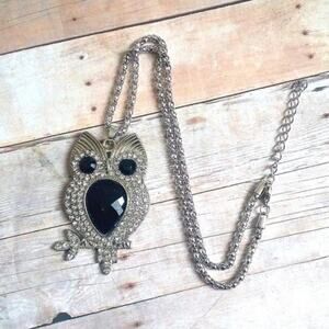 Black & Silver Bejeweled Owl Necklace